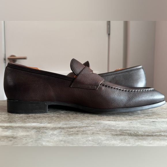 SANTONI BROWN PEBBLED LEATHER PENNY LOAFERS $1000 10.5 Moccasins Slip On Kiton - Picture 4 of 9
